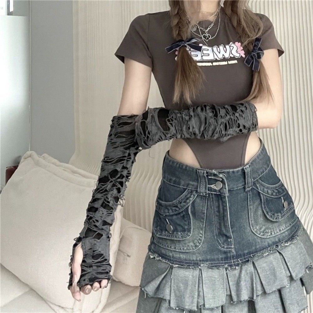 Fingerless Glove Knit - Długie punkowe rękawiczki w stylu distressed,